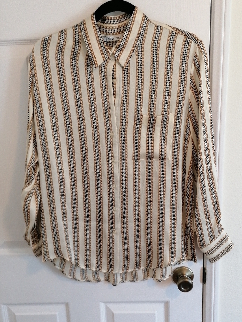 Zara women's Cream and Brown viscose Striped Button-Down Blouse